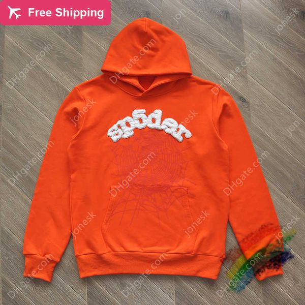 

2023ss orange sp5der 555555 hooded sweatshirts foam printing young thug pocket spiderweb casual oversize hoodies, Black
