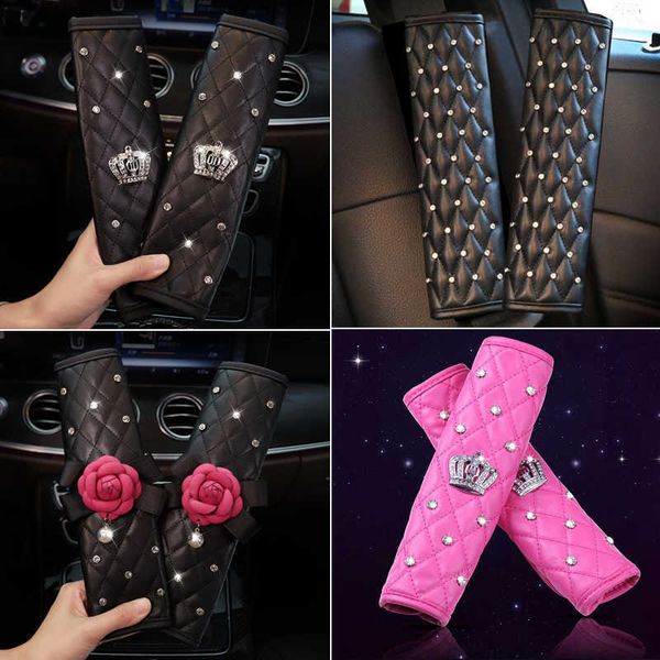 

safety belts accessories 2pcs fashion rhinestone leather car sefety seat belt cover crystal crown universal shoulder pad car styling interio