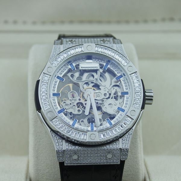 

fashionable luxury men's mechanical automatic watch hollow diamond tape waterproof men's watches, Slivery;brown