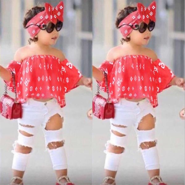 

kids summer girls clothing sets off shoulder hole white pants hairband girls clothes set children clothes211b