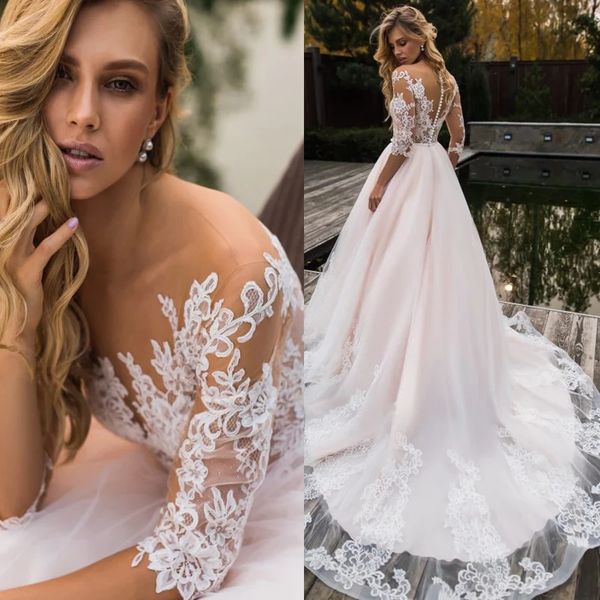 

romantic sheer lace tulle wedding dresses for summer garden boho bridal gowns see through half sleees blush pink long train vestidos de novi, White