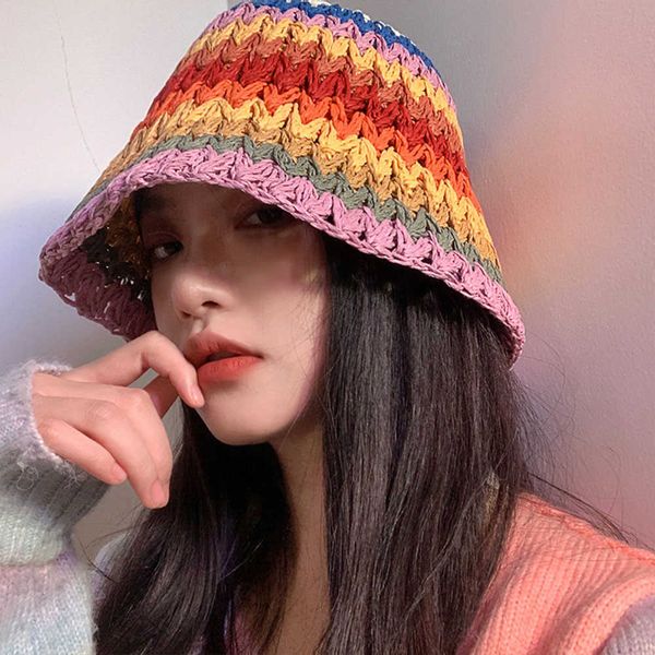 

beanie/skull caps rainbow women's beach 2022 bucket hat women summer beach outing straw women fisherman ladies sunshade t221201, Blue;gray