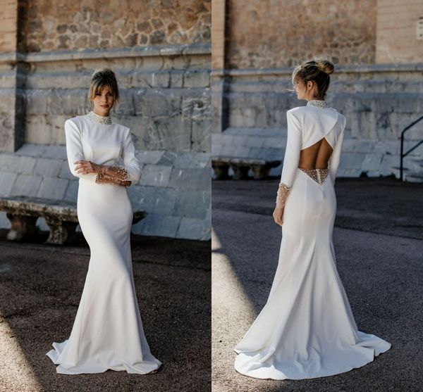 

elegant plus size mermaid wedding dresses high jewel neck pearls floor length backless draped long sleeves satin garden bridal gowns custom, White