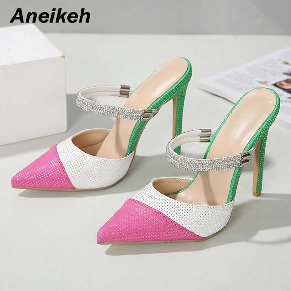 

dress shoes aneikeh 2023 spring autumn mixed colors pu ankle slip-on crystal decoration women party mules high heel pointed toe 221213, Black