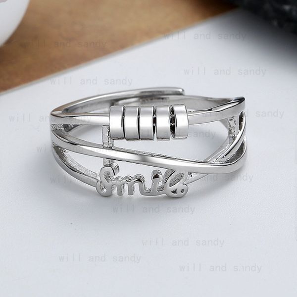 

letter smile rotatable charm adjustable ring band open adjustable rings for women girls friend gift fashion fine jewelry, Silver