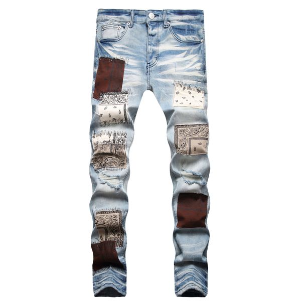 

men's jeans light blue jeans cashew flower patch worn stretch leggings motorcycle pants