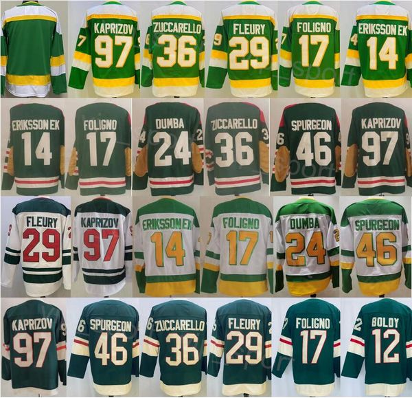 

reverse retro hockey 46 jared spurgeon jerseys 17 marcus foligno 29 marc-andre fleury 14 joel eriksson ek 12 matt boldy 97 kirill kaprizov m, Black;red