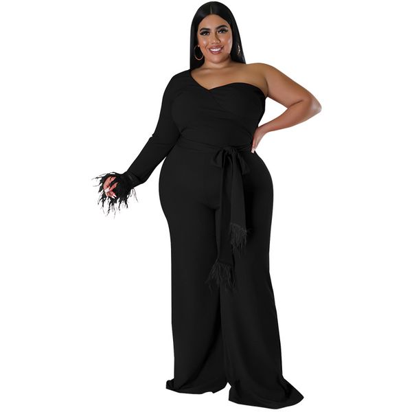 

women jumpsuits plus size loose long sleeve one shoulder casual rompers wide leg palazzo pants with belt, Black;white