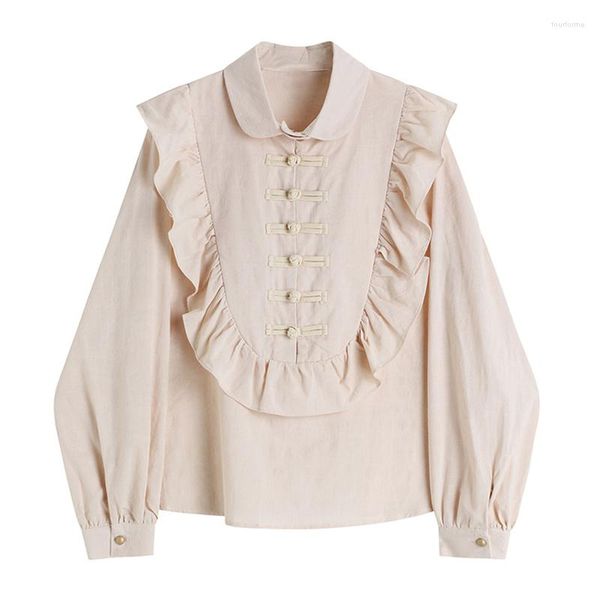 

women's blouses shirt chinese style vintage casual elegant office ladies loose female trendy agaric lace long sleeve blouse spring, White