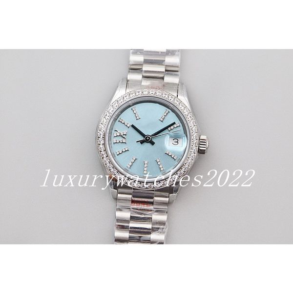 

luxury fashion womens watch 28mm ice blue dial diamond bezel ref.279136 quality white gold stainless steel band automatic lady wristwatch gi, Slivery;brown