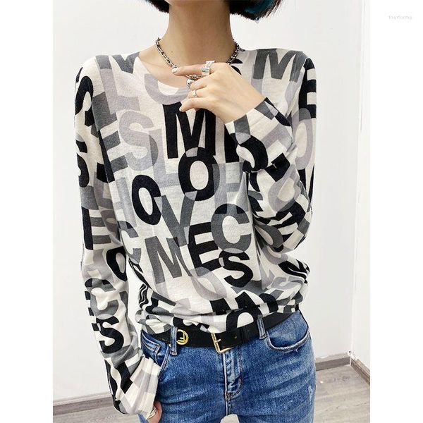

women's t shirts korean all-match round neck letter printed female t-shirt autumn winter fashion thin long sleeve casual women's, White
