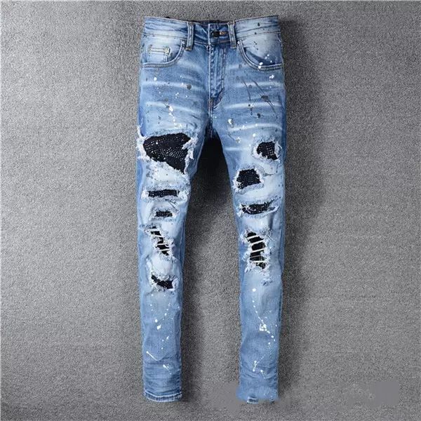 

new printed embroidery designer men jeans motorcycle hole luxury denim men's fashion street wear mens designer pants, Blue