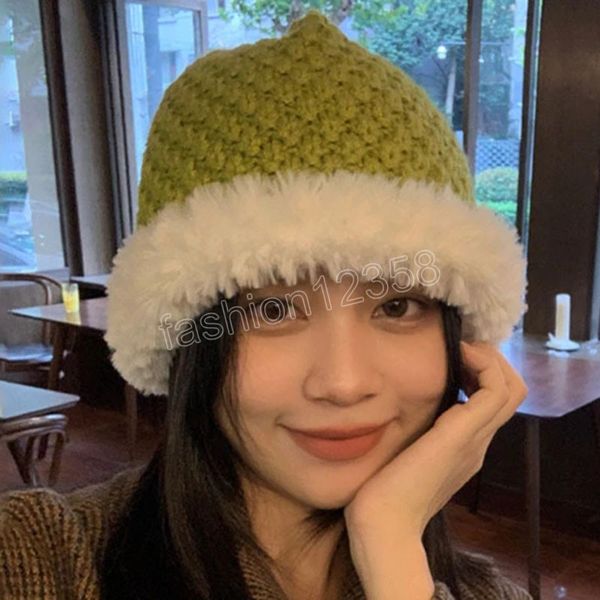 

korean plush-edged beanies hats for women winter warm and cold-proof versatile ear protection knitted caps, Blue;gray