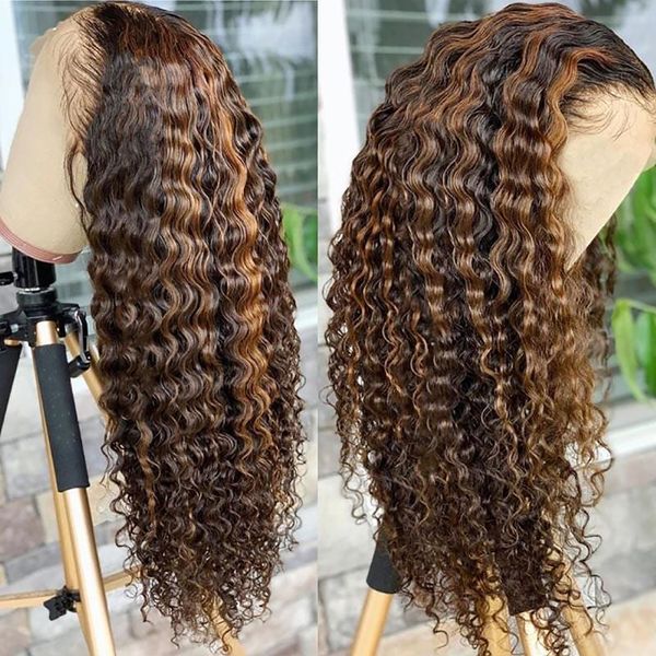 

30 32 Inch Highlight Ombre Lace Frontal Wig Curly Human Hair Wigs 4/27 Colored 13x4 Deep Wave Wigs for Black Women Synthetic, Medium brown