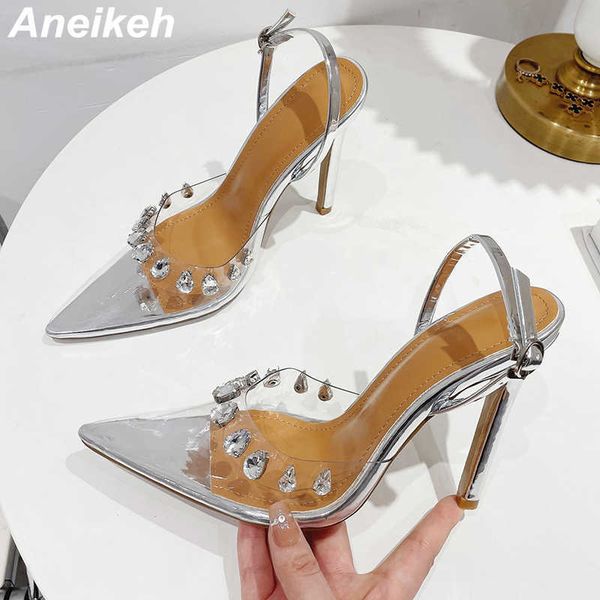 

dress shoes aneikeh 2023 fashion glitter rhinestones women pumps crystal pvc pointed toe buckle strap thin high heels party prom 221213, Black