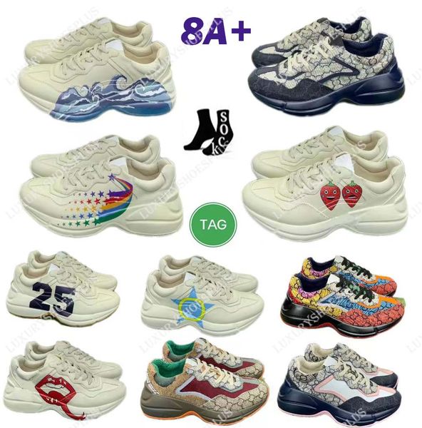 

og quality sneaker designer shoes rhyton sneakers beige men trainers vintage luxury chaussures ladies strawberry wave mouth tiger print, Black