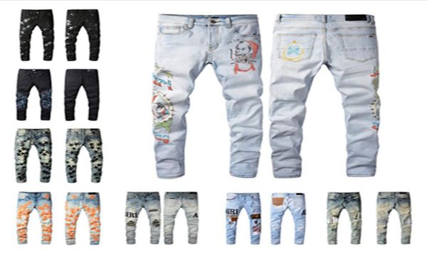 

amriss clothing jeans men women t shirts panther print army green destroyed mens slim denim straight biker skinny pants men6226276, Blue