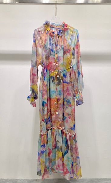 

runway dresses european american fashion 2023 spring summer printing silk material light and thin embroidery three-dimensional flower decora, Black