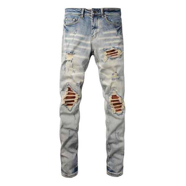 

amr skinny ripped mens jeans slim fit straight leg distressed denim pants destroyed washed am jean trousers, Blue