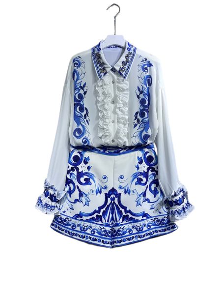 

autumn 2022 new polo print long sleeve shirt with shorts set, White