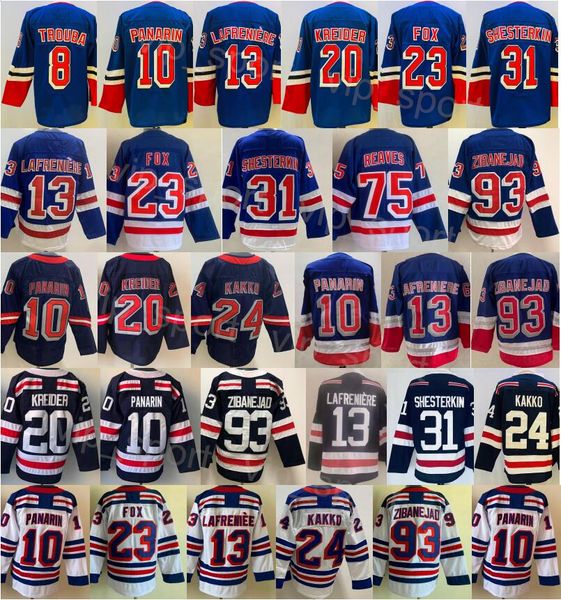 

2023 ice hockey reverse retro 24 kaapo kakko jersey man 20 chris kreider 23 adam fox 31 igor shesterkin 13 alexis lafreniere 10 artemi panar, Black;red