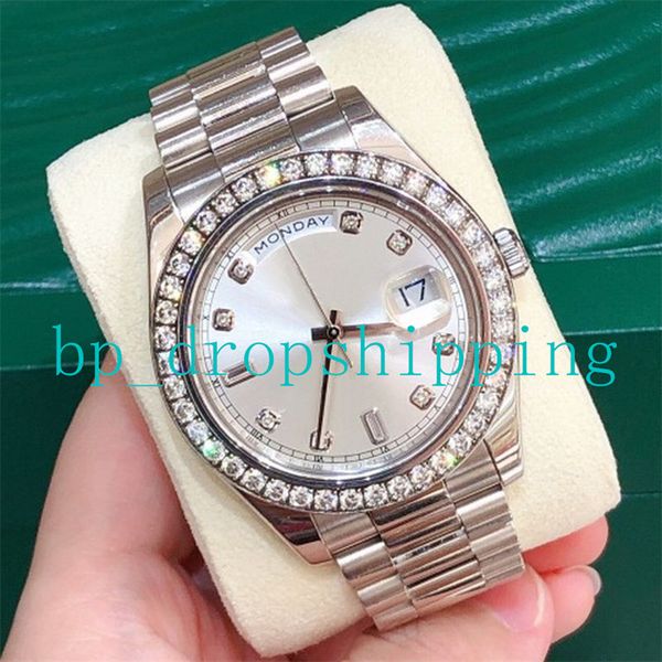 

precision and durability mens watch sivler 40mm size automatic mechanical full stainless steel diamond bezel self-winding wristwatches montr, Slivery;brown