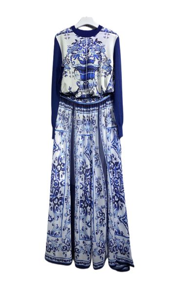 

autumn 2022 new elegant round neck print with half skirt set, White