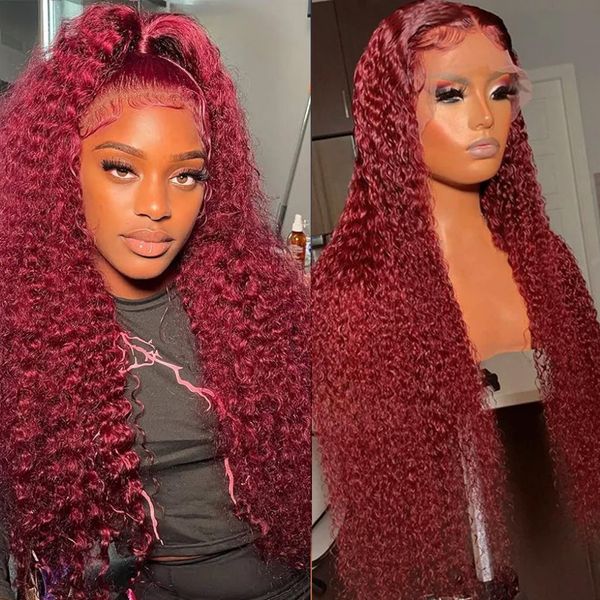 

Colored Burgundy Lace Front Wig Brazilian Hair Red 99J Curly Wigs For Women 13x4 HD Deep Wave Lace Frontal Wig Synthetic, Red color like picture show