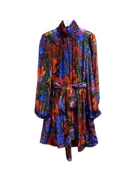 

2022 autumn new fashion stand collar silk print long sleeve dress, Black;gray