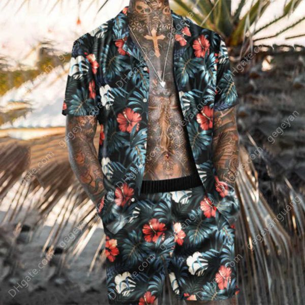 

tracksuits hawaiian mens printing set short sleeve summer casual floral shirt beach two piece suit fashion men sets  3xl, Gray