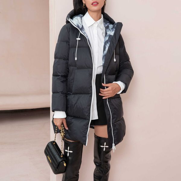 

sasaec winter 2022 new european medium length white duck down coat hooded casual elastic cuff women, Black