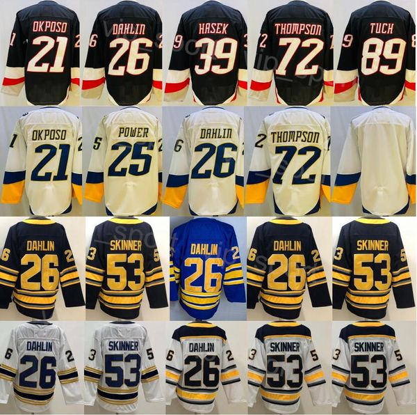 

men ice hockey 2023 reverse retro 72 tage thompson jerseys 89 alex tuch 21 kyle okposo 26 rasmus dahlin 53 jeff skinner 39 dominik hasek 202, Black;red