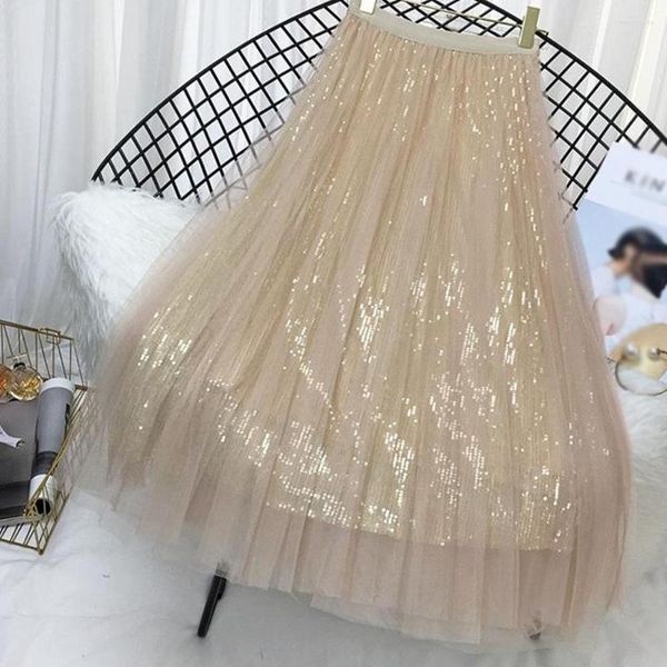 

skirts 2022 women's mesh sequined tulle skirt summer autumn high waist pleated beading korean chic long maxi black pink