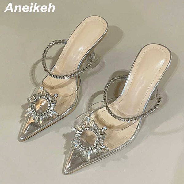 

dress shoes aneikeh fashion crystal round buckle women pumps pointed toe high heels pvc transparent sandals slingback wedding prom shoe 2212, Black