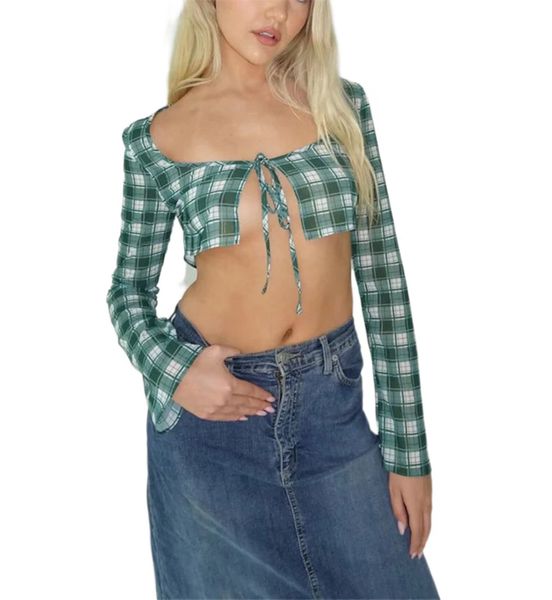 

summer women shirts plaid tie up open front long sleeve blouses crop t-shirt, White