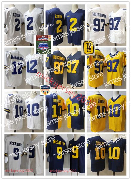 

american college football wear mens sticthed j.j. mccarthy foottball jersey #2 blake corum 12 cade mcnamara 97 aidan hutchinson 10 tom brady, Black