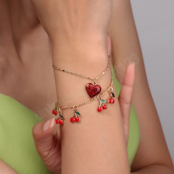 

fashion women double layers fruit heart charm bracelets gold color link chain bangle and bracelets cute jewelry, Golden;silver