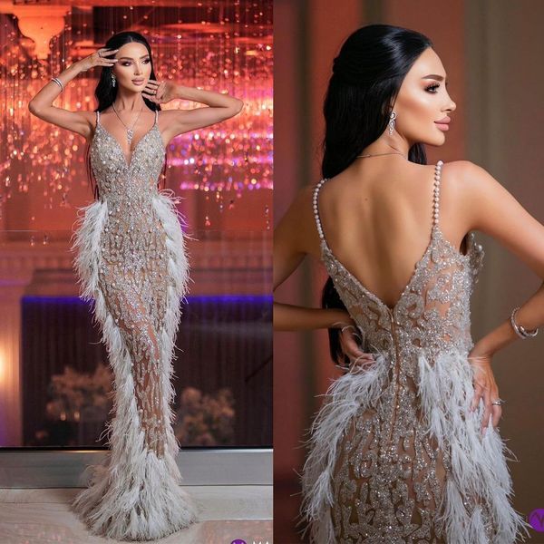 

luxury feather mermaid wedding dresses elegant sequined lace vestido de noiva custom made v neck bridal dress, White
