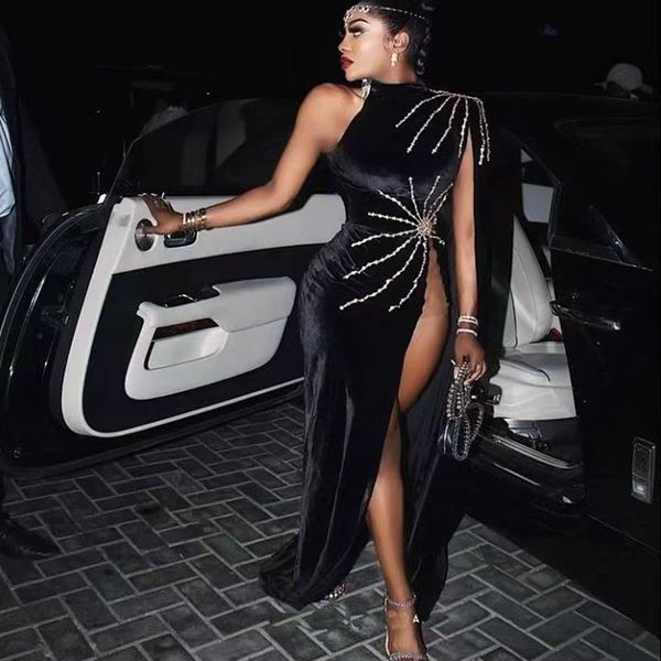 

split prom dresses velvet black cocktail party dress with warp beads african women mermaid evening gowns