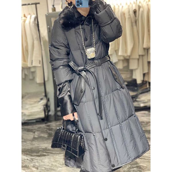 

high end mink fur collar splicing down jacket 2022 winter new women's thickened warm coat with long waist, Black