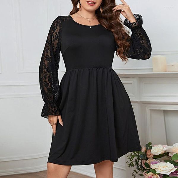 

plus size dresses autumn winter fashion trend solid color party dress woman simple lace elegant vestidos de fiesta chic robe femme, Black
