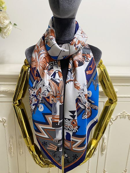 

women's square scarf scarves goodquality 100% twill silk material blue color pint pattern size 130cm - 130cm, Blue;gray