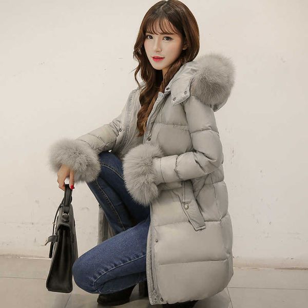 

2022 new korean women's small down jacket medium long fox hair hooded coat thick, Black