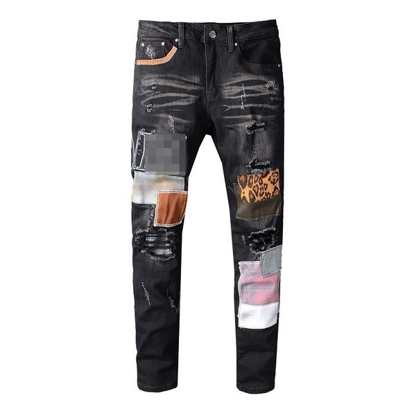 

fashion amr skinny ripped mens jeans slim fit straight leg patchwork distressed denim pants destroyed washed am black jean trousers, Blue