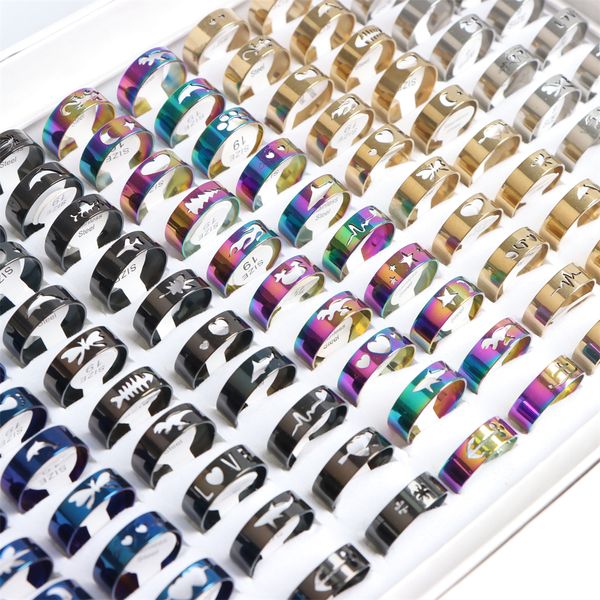 

fashion multicolor hollow stainless steel rings for women men mix color style simple jewelry party gifts wholesale 100pcs/lot, Golden;silver