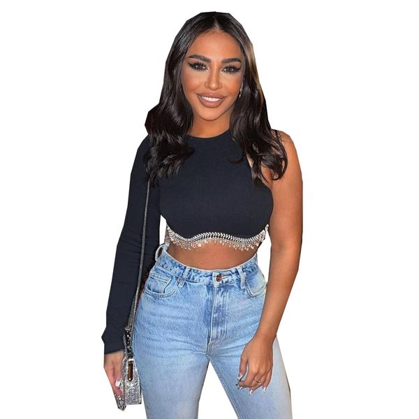 

women one shoulder tanks crop round neck shirts long sleeve camis bodycon t-shirt, White