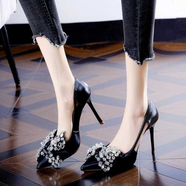 

dress shoes fashion crystal bowknot club party women pointed toe stiletto heels pumps woman hollow out slip-on high 221213, Black