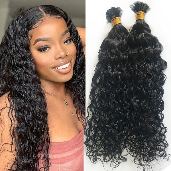 

water curly brazilian pre bonded flat nail tip in human hair extensions 8-30inch 1g/strand machine made tips in hairs, Black