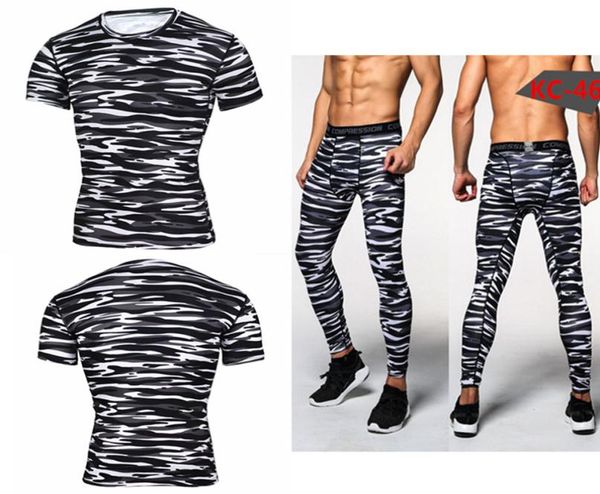 

whole camouflage mens compression sets pants shirt lycra crossfit tshirt joggers men base layer casual leggings brand6648833, White;black