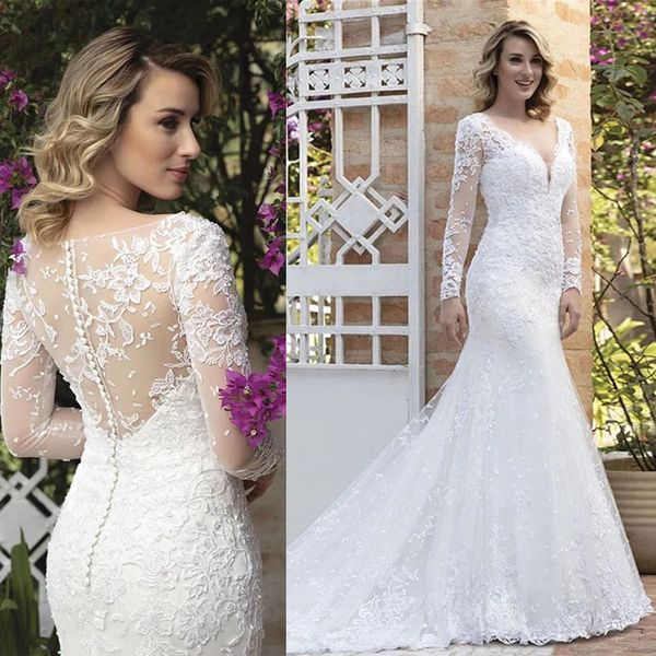 

african long sleeve mermaid wedding dress 2022 lace appliques illusion back vestidos de novia bridal gowns, White